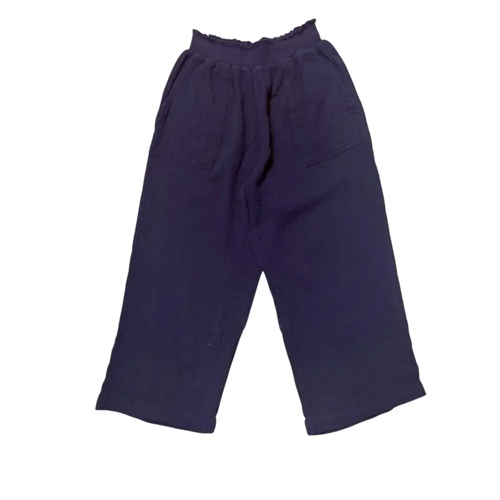 Magaschoni Organic Slub Cotton Navy Wide Leg Cropped Pants L Casual Resort Beach